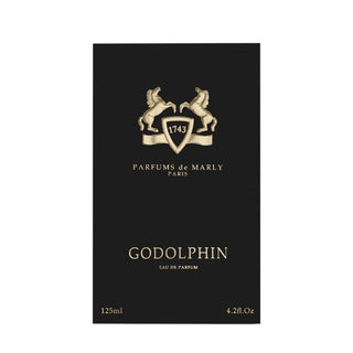 Godolphin Eau de Parfum 125ml box by Parfums de Marly, featuring a black background with gold lettering and a crest of two rearing horses.