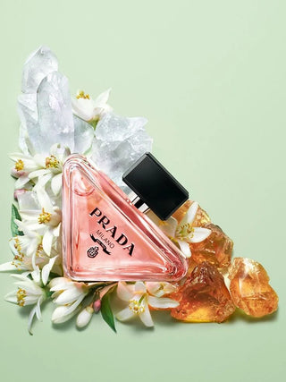 Prada perfume bottle with flowers and amber on a light green background