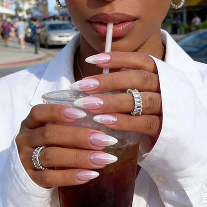 Press On Nails - Almond Fake Nails - French Tip False Nails Press ons - Medium Glue on Nails with Chrome Design - for Women Stick on Nail 24Pcs