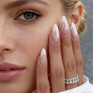 Press On Nails - Almond Fake Nails - French Tip False Nails Press ons - Medium Glue on Nails with Chrome Design - for Women Stick on Nail 24Pcs