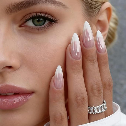 Press On Nails - Almond Fake Nails - French Tip False Nails Press ons - Medium Glue on Nails with Chrome Design - for Women Stick on Nail 24Pcs