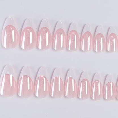 Press On Nails - Almond Fake Nails - French Tip False Nails Press ons - Medium Glue on Nails with Chrome Design - for Women Stick on Nail 24Pcs