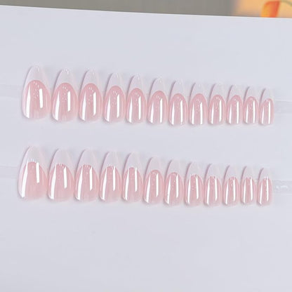 Press On Nails - Almond Fake Nails - French Tip False Nails Press ons - Medium Glue on Nails with Chrome Design - for Women Stick on Nail 24Pcs