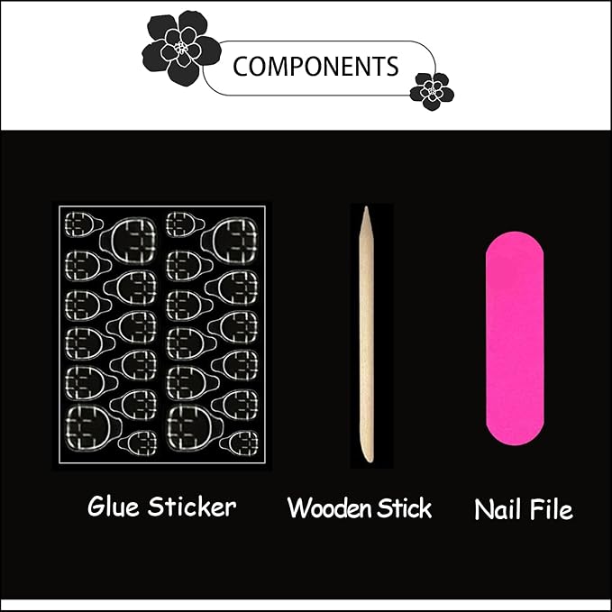 Press On Nails - Almond Fake Nails - French Tip False Nails Press ons - Medium Glue on Nails with Chrome Design - for Women Stick on Nail 24Pcs