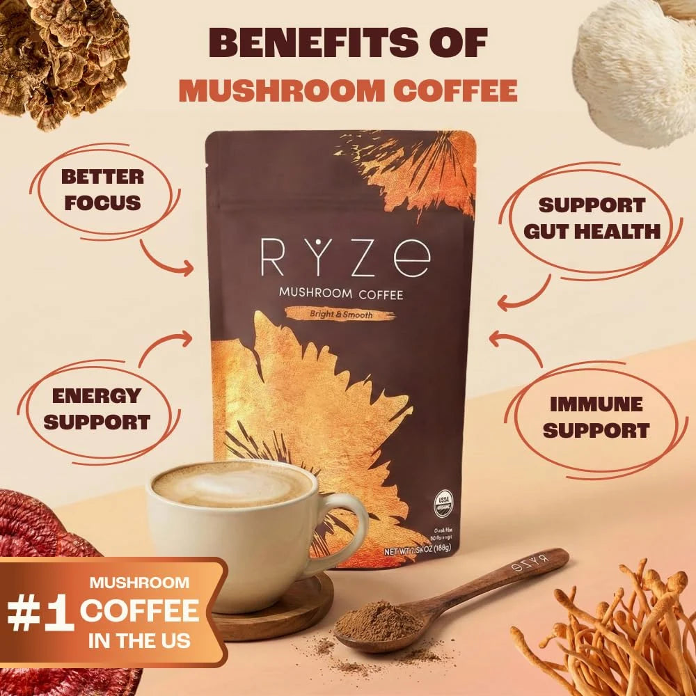 RYZE Organic Mushroom Coffee Medium Roast Pack of 2 | 60 Servings