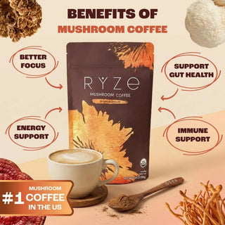 Rye Mushroom Coffee package with benefits listed and coffee cup on a beige background