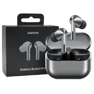 Samsung Galaxy Buds3 Pro wireless earbuds with charging case and packaging on a white background