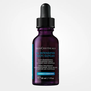 SkinCeuticals EA Intensifier Multi-Glycan multi-dimensional volumizing serum in a 30 ml purple glass dropper bottle, shown against a light gray background.