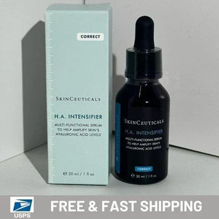 SkinCeuticals H.A. Intensifier serum bottle and packaging on a gray background with USPS free shipping text.