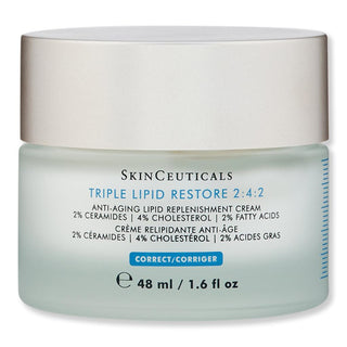 SkinCeuticals Triple Lipid Restore 2:4:2 cream jar, 48 ml, featuring a frosted light green glass container and a white lid, on a white background.