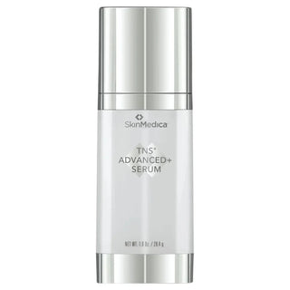 SkinMedica TNS Advanced+ Serum in a sleek, silver cylindrical bottle with a metallic cap, set against a plain white background.