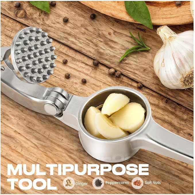 Stainless Steel Garlic Press Crusher with Peeler & Cleaning Brush | Garlic Mincer Tool
