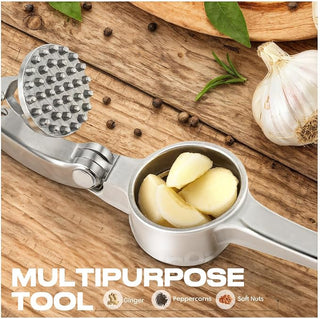 Stainless Steel Garlic Press Crusher with Peeler & Cleaning Brush | Garlic Mincer Tool