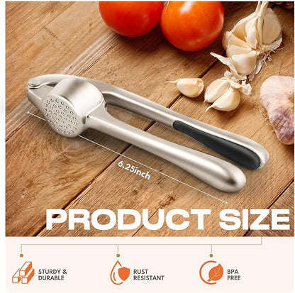 Stainless Steel Garlic Press Crusher with Peeler & Cleaning Brush | Garlic Mincer Tool