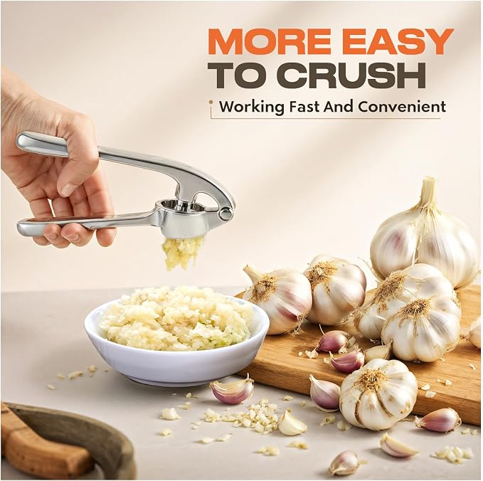 Stainless Steel Garlic Press Crusher with Peeler & Cleaning Brush | Garlic Mincer Tool