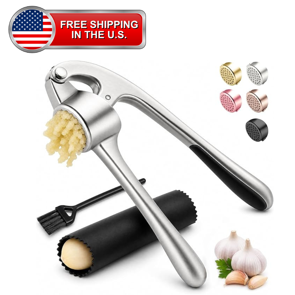 Stainless Steel Garlic Press Crusher with Peeler & Cleaning Brush | Garlic Mincer Tool