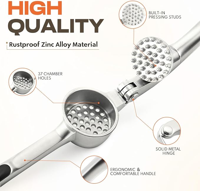 Stainless Steel Garlic Press Crusher with Peeler & Cleaning Brush | Garlic Mincer Tool