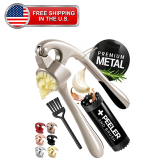 A garlic press and peeler set on a white background, featuring a metallic garlic press with minced garlic inside, a black peeler tube labeled '+ PEELER AND BRUSH', a black peeler fork, six color options, and a red 'FREE SHIPPING IN THE U.S.