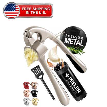 Stainless Steel Garlic Press Crusher with Peeler & Cleaning Brush | Easy Squeeze Garlic Mincer