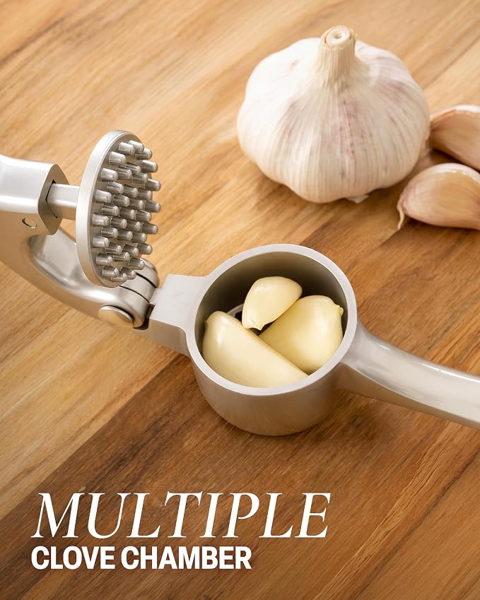 Stainless Steel Garlic Press Crusher with Peeler & Cleaning Brush | Easy Squeeze Garlic Mincer