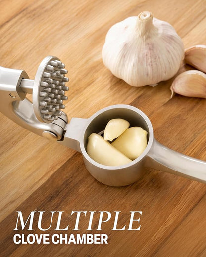 Stainless Steel Garlic Press Crusher with Peeler & Cleaning Brush | Easy Squeeze Garlic Mincer