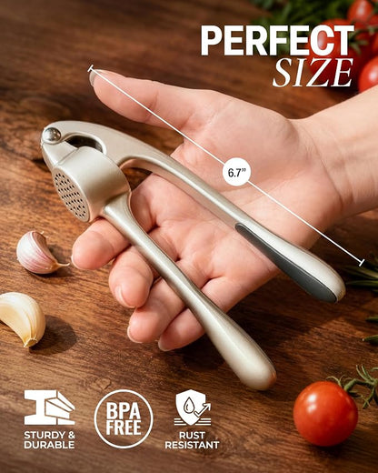 Stainless Steel Garlic Press Crusher with Peeler & Cleaning Brush | Easy Squeeze Garlic Mincer