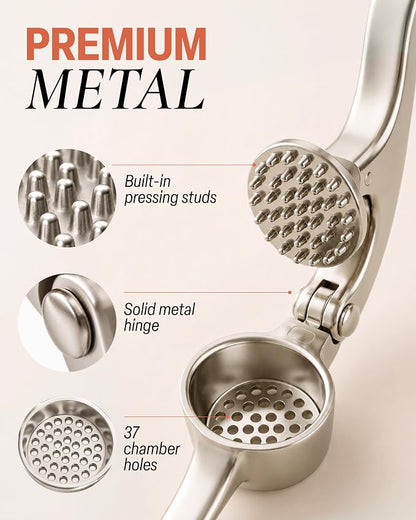 Stainless Steel Garlic Press Crusher with Peeler & Cleaning Brush | Easy Squeeze Garlic Mincer