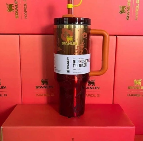 Stanley Quencher Tumbler 40oz – Floral Dark Red with Orange Handle