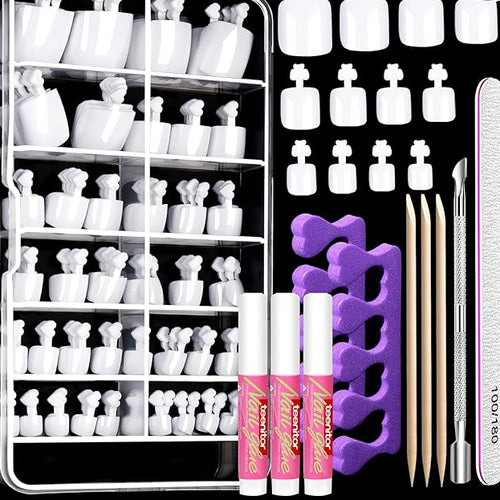 Teenitor White Press on Toenails for Women with Nail Glue, 120pcs White Toe Nail Press ons Acrylic Toenail Kit, Toe Nail Tips Square, Fake Toe Nails Glue on Toe, False Toenails for Missing Toenail