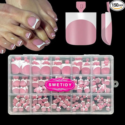 Toe Nail Press Ons, French Tips Toe Press On Nails, 150pcs Square Pre-Designed Soft Gel Thick False Toenail Extension, Berry Pink Full Cover Acrylic for DIY 15 Sizes