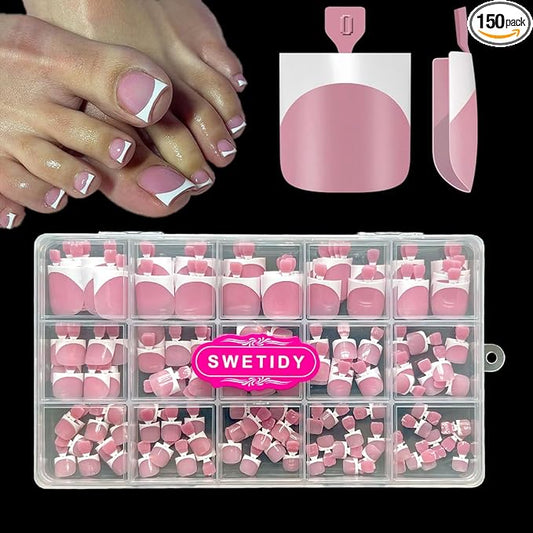 Toe Nail Press Ons, French Tips Toe Press On Nails, 150pcs Square Pre-Designed Soft Gel Thick False Toenail Extension, Berry Pink Full Cover Acrylic for DIY 15 Sizes