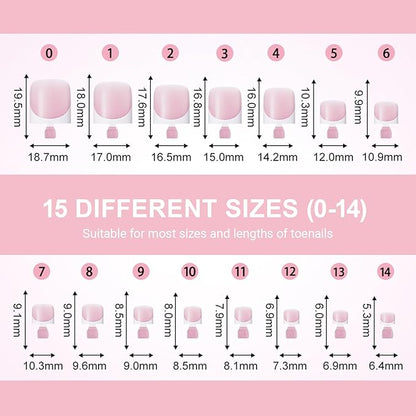 Toe Nail Press Ons, French Tips Toe Press On Nails, 150pcs Square Pre-Designed Soft Gel Thick False Toenail Extension, Berry Pink Full Cover Acrylic for DIY 15 Sizes