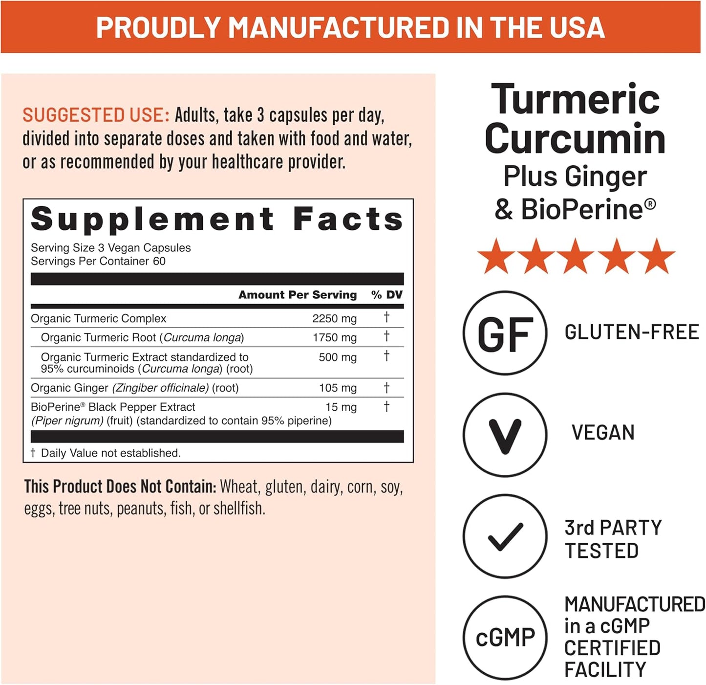 Turmeric Curcumin Supplement 2250mg with Black Pepper & Ginger | 180 Vegan Capsules