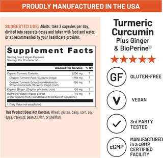 Turmeric Curcumin Supplement 2250mg with Black Pepper & Ginger | 180 Vegan Capsules