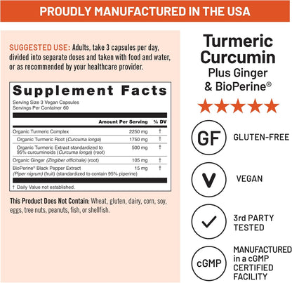 Turmeric Curcumin Supplement 2250mg with Black Pepper & Ginger | 180 Vegan Capsules