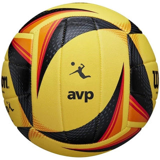 Yellow, black, and orange volleyball with AVP branding on a white background