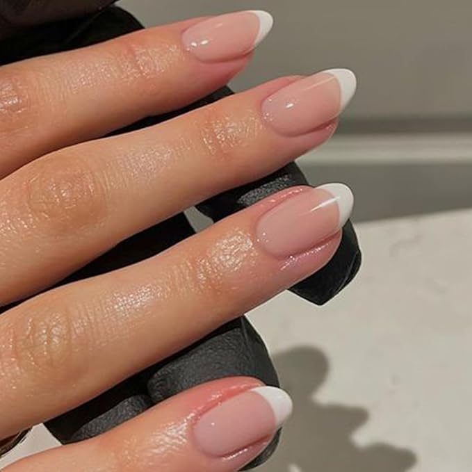 modelones French Tip Press On Nails, Short Oval Fake Nails Press Ons with Nail Glue, Adhesive Tabs, Nail File, Prep Pad, Manicure Stick, 32Pcs 16 Sizes, Nude, Spring Women Girl Gift
