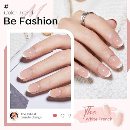 modelones French Tip Press On Nails, Short Oval Fake Nails Press Ons with Nail Glue, Adhesive Tabs, Nail File, Prep Pad, Manicure Stick, 32Pcs 16 Sizes, Nude, Spring Women Girl Gift