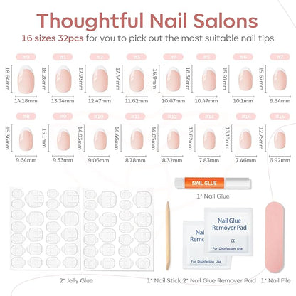 modelones French Tip Press On Nails, Short Oval Fake Nails Press Ons with Nail Glue, Adhesive Tabs, Nail File, Prep Pad, Manicure Stick, 32Pcs 16 Sizes, Nude, Spring Women Girl Gift
