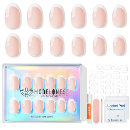 modelones French Tip Press On Nails, Short Oval Fake Nails Press Ons with Nail Glue, Adhesive Tabs, Nail File, Prep Pad, Manicure Stick, 32Pcs 16 Sizes, Nude, Spring Women Girl Gift