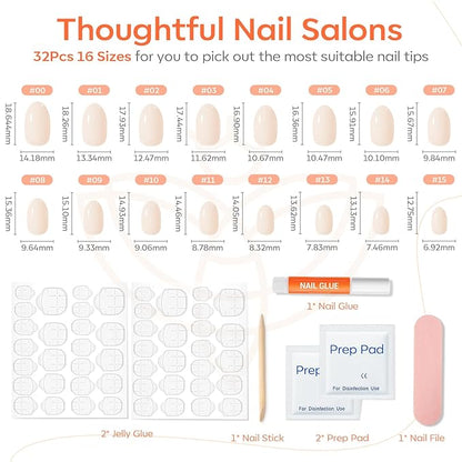 modelones Short Press on Nails, Oval Fake Nails Kit Press Ons with Nail Glue, Adhesive Tabs, Nail File, Prep Pad, Manicure Stick, 32Pcs 16 Sizes, White, Spring Women Girl Gift