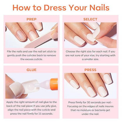 modelones Short Press on Nails, Oval Fake Nails Kit Press Ons with Nail Glue, Adhesive Tabs, Nail File, Prep Pad, Manicure Stick, 32Pcs 16 Sizes, White, Spring Women Girl Gift