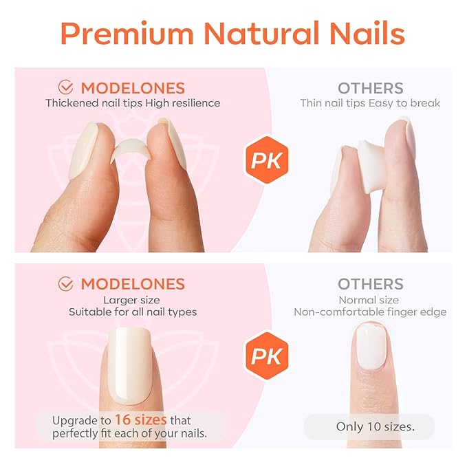 modelones Short Press on Nails, Oval Fake Nails Kit Press Ons with Nail Glue, Adhesive Tabs, Nail File, Prep Pad, Manicure Stick, 32Pcs 16 Sizes, White, Spring Women Girl Gift