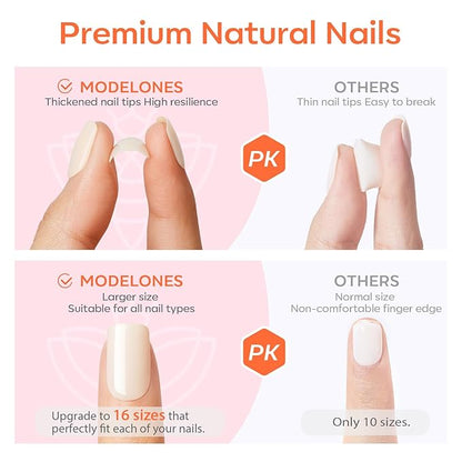 modelones Short Press on Nails, Oval Fake Nails Kit Press Ons with Nail Glue, Adhesive Tabs, Nail File, Prep Pad, Manicure Stick, 32Pcs 16 Sizes, White, Spring Women Girl Gift